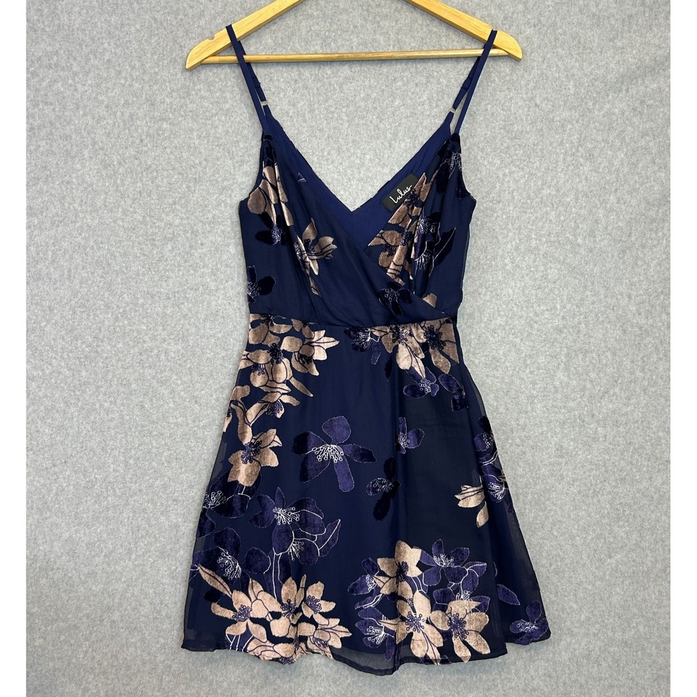 Lulus Size XS At The After Party Mini Tank Dress Navy Blue Velvet Burnout Floral